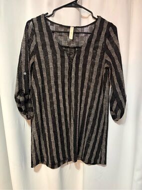 Women’s Striped Black & Gray Knit Tunic with Lace-Up Neck P2P 18 #2418